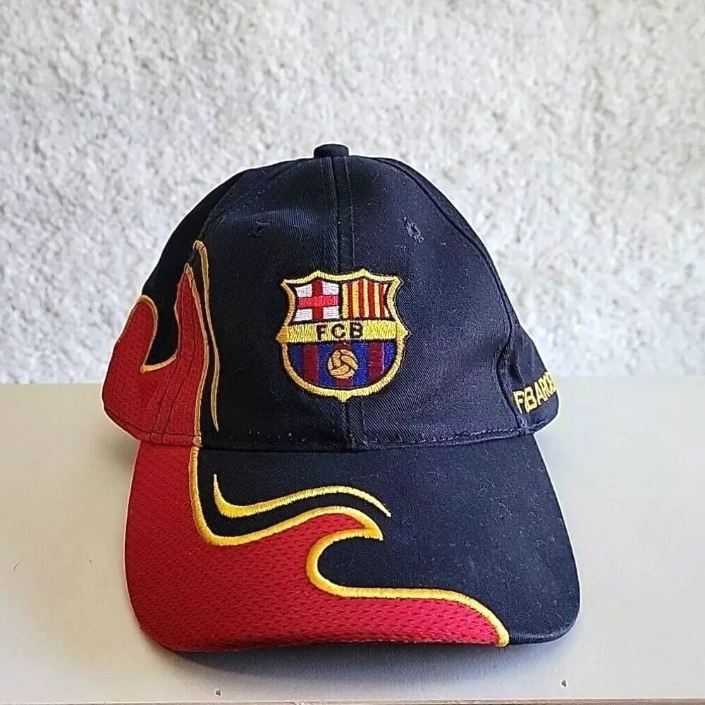 FC Barcelona Official Soccer Hat Navy Blue Red Flame Mesh Baseball Cap Mens OSFA